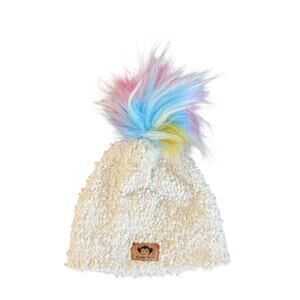 Appaman cream boucle hat with rainbow Pom girls size M
